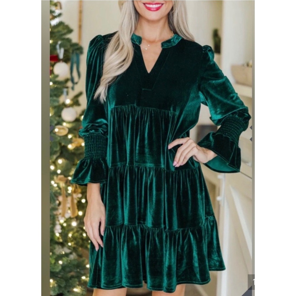 Shop The Mint Green Velvet Tiered Babydoll Dress Smocked holiday academia midi S